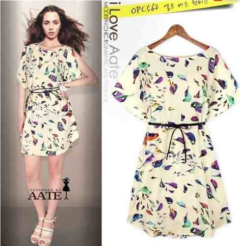 Vestido De Verão, Estampa De Pássaros.